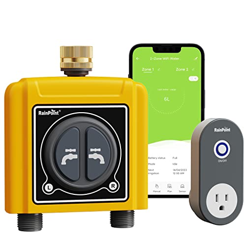 RAINPOINT Sprinkler Timer WiFi Water Timer, Pure Brass Inlet 2 Outlets Smart Hose Timer, 2-Zone...
