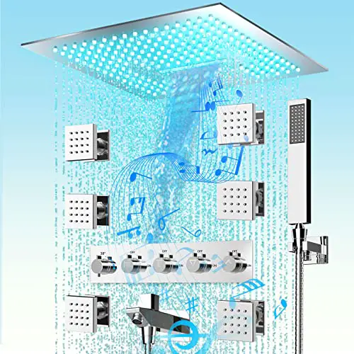 Thermostatic Shower System, 16” Ceiling LED Rain Shower System with Body Jets, Luxury Smart...