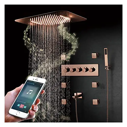 Music Shower System 64 Colors LED Shower Combo Set Thermostatic Bathroom Shower Faucet Set Rose Gold...