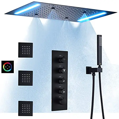 DULABRAHE Black Rainfall Multi Shower Head System Set 14 X 20 Inch Bathroom LED Ceiling Shower Brass...